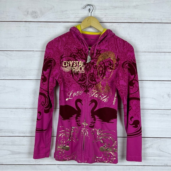Christian audigier ピンクレディースパーカー Ed Hardy Christian Audigier Jacket Womens XS Pink Rhinstones